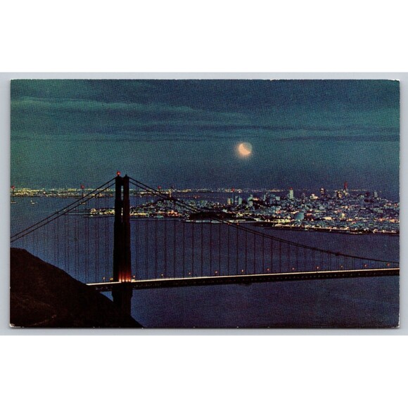 Postcard California San Francisco Golden Gate Bridge at Night Moonlight c1950s - Picture 1 of 2